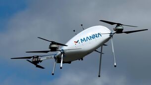 <p>A Manna Air Delivery drone in 2020. The Irish Aviation Authority authority previously put a temporary measure in place to facilitate the firm's Cork pilot programme, requiring other drone operators flying within visual line of sight to provide two days’ notice before flying over much of the city. Picture: Jason Cairnduff/Reuters</p> <p>A Manna Air Delivery drone in 2020. The Irish Aviation Authority authority previously put a temporary measure in place to facilitate the firm's Cork pilot programme, requiring other drone operators flying within visual line of sight to provide two days’ notice before flying over much of the city. Picture: Jason Cairnduff/Reuters</p>