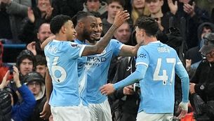 <p>Manchester City's Antoine Semenyo (second left) celebrates scoring their side's first goal Photo: Martin Rickett/PA Wire. </p>