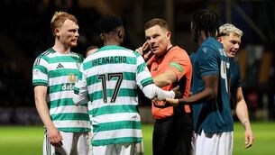 <p>Referee John Beaton speaks to Kelechi Iheanacho before going to the VAR monitor and awarding a penalty to Celtic. Pic: Robert Perry/PA Wire.</p>