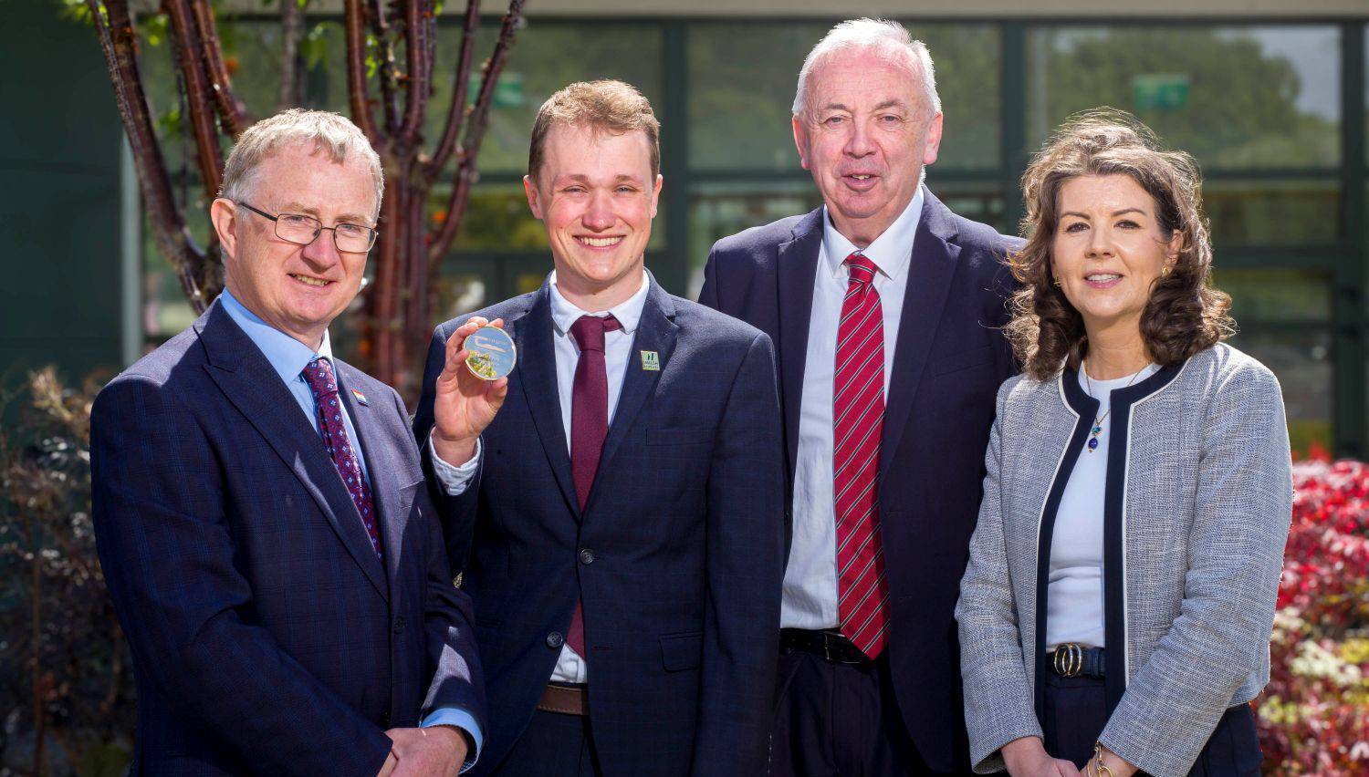 Jack Perry (second from left) receives the 2026 Walsh Scholars Gold Medal from (left to right) Professor Frank O’Mara, director of Teagasc; Professor Pat Dillon, director of Research and Jane Kavanagh, head of Research Development and Walsh Scholars at Teagasc. 