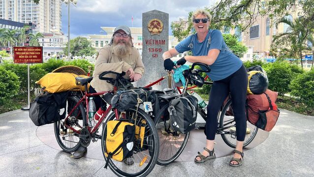 <p>Mark and Ellie crossing the Vietnam border. </p>