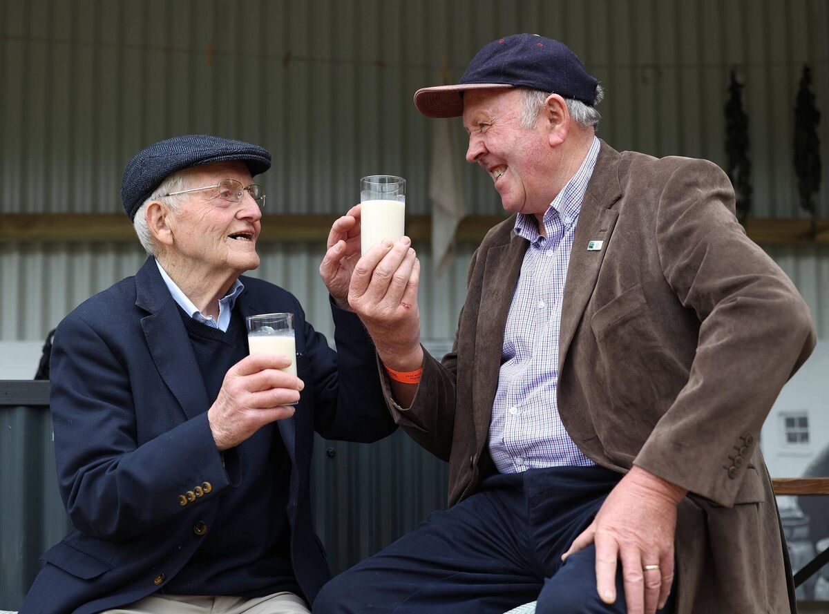 Michael O'Kelly, from Drumcollogher, Co Limerick, and John Flaherty, from Cordal, Castleisland, Co Kerry, pictured ahead of inspecting milk before a panel discussion on 60 Years of Dairy Farming in Ireland at the National Dairy Council Garden at Bord Bia Bloom in 2024. Picture: Robbie Reynolds Michael O'Kelly, from Drumcollogher, Co Limerick, and John Flaherty, from Cordal, Castleisland, Co Kerry, pictured ahead of inspecting milk before a panel discussion on 60 Years of Dairy Farming in Ireland at the National Dairy Council Garden at Bord Bia Bloom in 2024. Picture: Robbie Reynolds