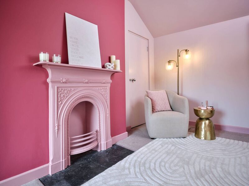 Potters Pink on walls, DH Blossom on fireplace and Fitzrovia Red on feature wall.