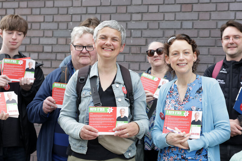 Labour Party by-election candidate Ruth O'Dea (front, left) with TD Marie Sherlock (front, right) canvassing in Ballybough, Dublin, earlier this month. Photo: Leah Farrell/© RollingNews.ie