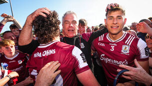 <p>Galway manager Padraic Joyce celebrates with Kieran Molloy and Seán Fitzgerald last year. Pic: Ryan Byrne/Inpho</p>