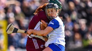<p>ROADBLOCK; Róisín Black of Galway meets Keeley Corbett Barry of Waterford with a shoulder during the Centra National Camogie League Division 1A final match between Waterford and Galway at UPMC Nowlan Park in Kilkenny. Photo by Piaras Ó Mídheach/Sportsfile</p>