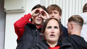 <p>A Middlesbrough fan makes a binoculars gesture during the Sky Bet Championship play off semi-final first leg against Southampton.</p>