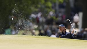 <p>Kristoffer Reitan of Norway plays a shot from a bunker on the 13th hole during the first round of the PGA Championship at Aronimink Golf Club  (Photo by Richard Heathcote/Getty Images)</p>