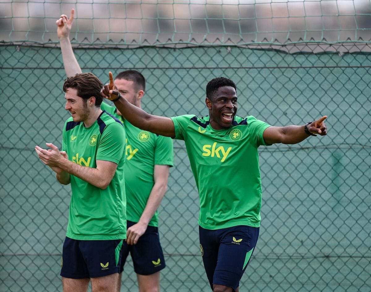 Chiedozie Ogbene, Conor Coventry, and Jack Moylan, during a Republic of Ireland training session. Pic: Stephen McCarthy/Sportsfile. Chiedozie Ogbene, Conor Coventry, and Jack Moylan, during a Republic of Ireland training session. Pic: Stephen McCarthy/Sportsfile.