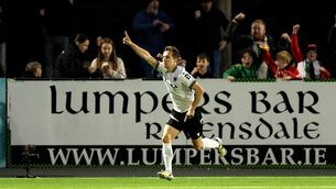 <p>STUNNER: Dundalk FC's Tyreke Wilson celebrates scoring the winner. Pic: ©INPHO/Laszlo Geczo.</p>