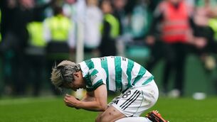 <p>LEAGUE OF HIS OWN: Celtic's Daizen Maeda celebrates scoring his side's second goal, following a VAR offside check, during the Premiership decider against Hearts at Celtic Park. Pic: Andrew Milligan/PA Wire.</p>