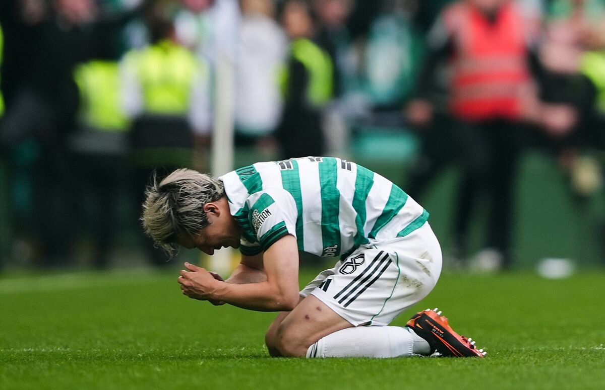 LEAGUE OF HIS OWN: Celtic's Daizen Maeda celebrates scoring his side's second goal, following a VAR offside check, during the Premiership decider against Hearts at Celtic Park. Pic: Andrew Milligan/PA Wire