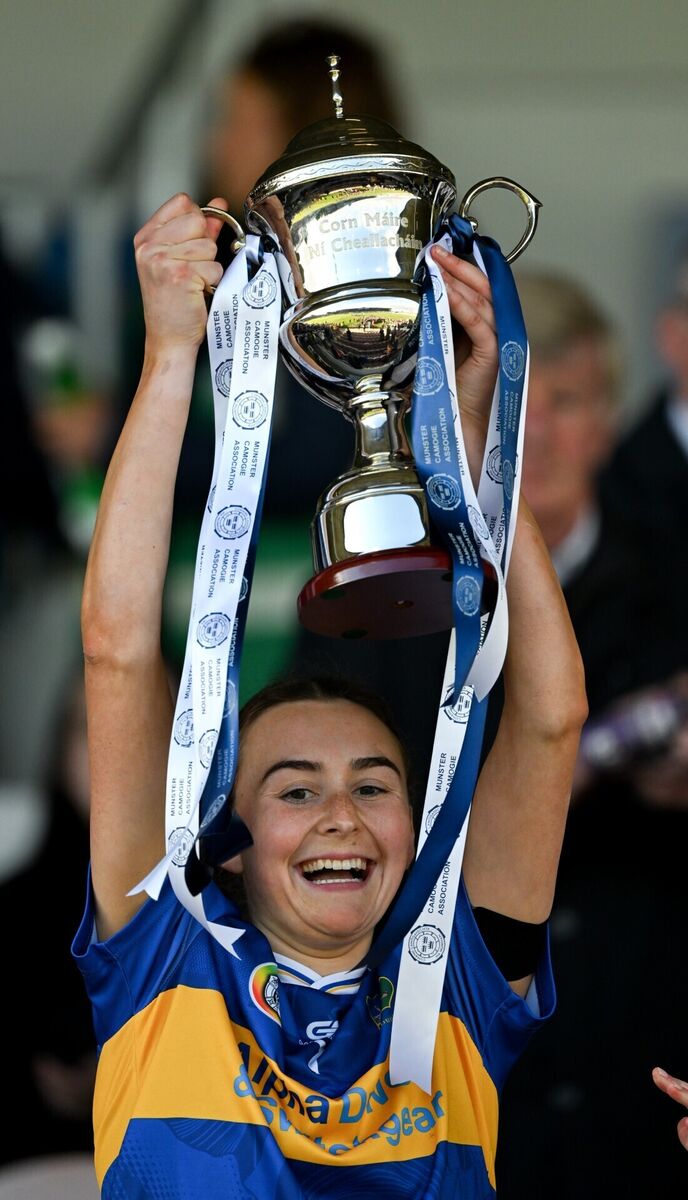 LIFTED UP: Tipperary captain Caoimhe McCarthy lifts the cup after the Munster Senior Camogie Championship final match against Waterford at FBD Semple Stadium. Pic: Ray McManus/Sportsfile