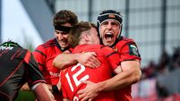 Sean O'Brien celebrates a try that was later disallowed with Brian Gleeson 16/5/2026