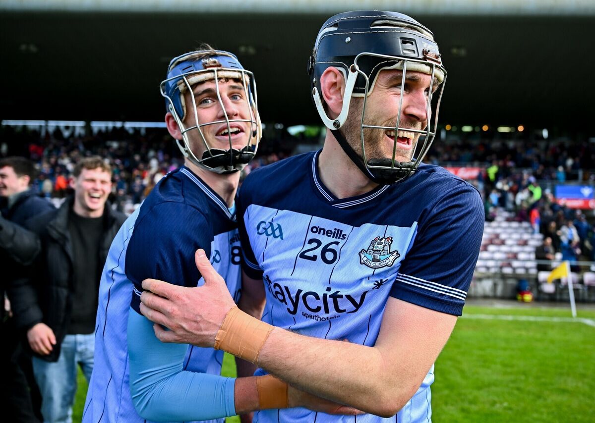Dublin hurlers Brian Hayes, scorer of their third goal, and Ronan Hayes, right, scorer of their second goal, celebrate after victory in the Leinster GAA Senior Hurling Championship Round 4 match between Galway and Dublin at Pearse Stadium in Galway. Photo by Piaras Ó Mídheach/Sportsfile