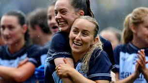 <p>Dublin’s Michelle Davoren and Aoife Curran celebrate another Leinster crown. Pic: ©INPHO/James Crombie</p>
