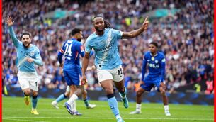 <p>Manchester City's Antoine Semenyo celebrates scoring the opening goal during the Emirates FA Cup final at Wembley Stadium. Pic: Mike Egerton/PA Wire. </p>