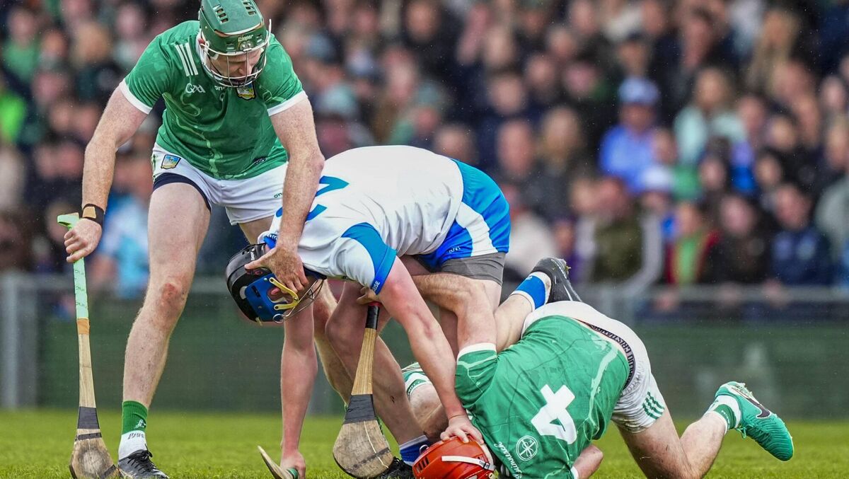 GROUND HURLING: Waterford's Austin Gleeson is the meat in a Limerick sandwich made by Barry Nash and William O'Donoghue. Pic: James Lawlor, Inpho GROUND HURLING: Waterford's Austin Gleeson is the meat in a Limerick sandwich made by Barry Nash and William O'Donoghue. Pic: James Lawlor, Inpho