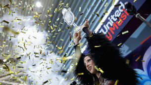 Eurovision 2026 winner Dara reacts upon her return home in Sofia (AP Photo)