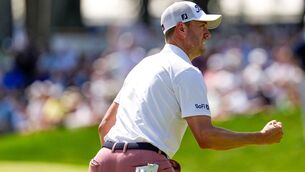 <p>Justin Thomas reacts on the 18th green during the final round of the PGA Championship golf tournament at Aronimink Golf Club, Sunday, May 17, 2026, in Newtown Square, PA. (AP Photo/Carolyn Kaster)</p>