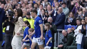 <p>Seamus Coleman with his wife Rachel Cunningham and children on the pitch after his final home game for Everton. Pic: Peter Byrne/PA Wire.</p> <p>Seamus Coleman with his wife Rachel Cunningham and children on the pitch after his final home game for Everton. Pic: Peter Byrne/PA Wire.</p>