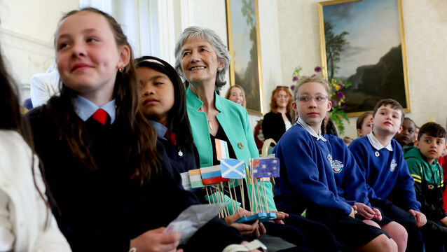 <p> President Catherine Connolly with children taking part in the INTO's global citizenship schools programme at Áras an Uachtaráin earlier this month. President Connolly is visiting Britain this week. Picture: Tony Maxwell</p>