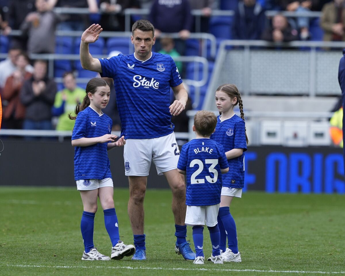 Republic of Ireland and Everton player Seamus Coleman with his children on the pitch after his final home game on Sunday. Picture: Peter Byrne/PA