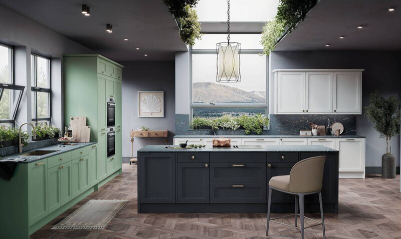 The Panelling Centre Design, C1 Cascada Verde, Nero &amp; Bianco on island.