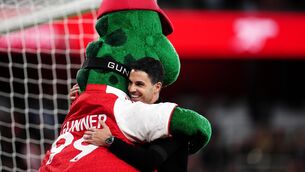 <p>Arsenal manager Mikel Arteta hugs club mascot Gunnersaurus after the Premier League victory over Burnley. Pic: John Walton/PA Wire.</p> <p>Arsenal manager Mikel Arteta hugs club mascot Gunnersaurus after the Premier League victory over Burnley. Pic: John Walton/PA Wire.</p>