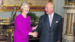 <p>Irish president Catherine Connolly during an audience with King Charles III at Buckingham Palace in London on Monday, as part of her official visit to the UK. Picture: Jordan Pettitt/PA Wire</p>