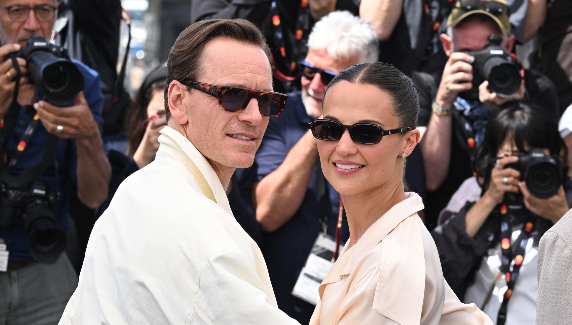 Michael Fassbender smiles alongside wife Alicia Vikander at Cannes