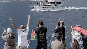 <p>People raise V-signs and take photos from a boat decorated with Palestinian flags as another vessel displaying solidarity signs sails past near the port in Marmaris, Turkey, on May 14, 2026. (Photo by Murat Kocabas / Middle East Images / AFP via Getty Images)</p> <p>People raise V-signs and take photos from a boat decorated with Palestinian flags as another vessel displaying solidarity signs sails past near the port in Marmaris, Turkey, on May 14, 2026. (Photo by Murat Kocabas / Middle East Images / AFP via Getty Images)</p>