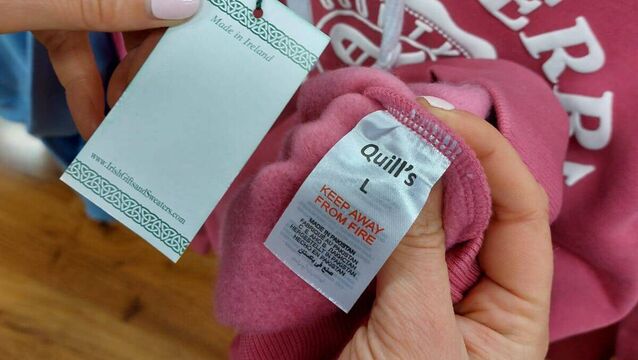 <p>Sweatshirts with Quills-branded swing labels that said, ‘Made in Ireland’ that still had the original label showing the country of origin as Pakistan, not Ireland. </p>