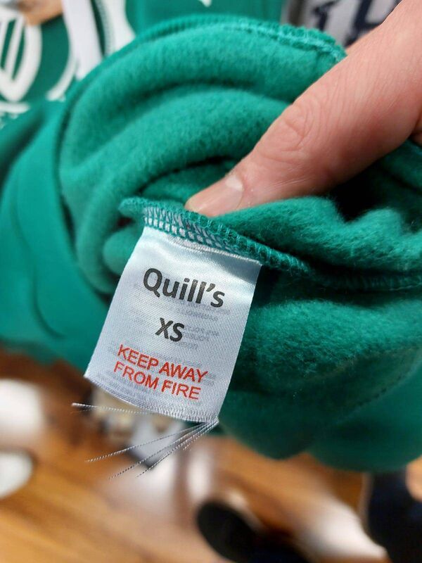 Sweatshirts with Quills-branded swing labels that said, ‘Made in Ireland’ that still had the original label showing the country of origin as Pakistan, not Ireland. Sweatshirts with Quills-branded swing labels that said, ‘Made in Ireland’ that still had the original label showing the country of origin as Pakistan, not Ireland.