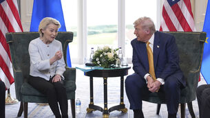 <p>President Donald Trump and European Commission President Ursula von der Leyen speak as they meet at the Trump Turnberry golf course in Turnberry, Scotland Sunday, July 27, 2025. (AP Photo/Jacquelyn Martin)</p> <p>President Donald Trump and European Commission President Ursula von der Leyen speak as they meet at the Trump Turnberry golf course in Turnberry, Scotland Sunday, July 27, 2025. (AP Photo/Jacquelyn Martin)</p>