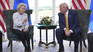<p>President Donald Trump and European Commission President Ursula von der Leyen speak as they meet at the Trump Turnberry golf course in Turnberry, Scotland Sunday, July 27, 2025. (AP Photo/Jacquelyn Martin)</p> <p>President Donald Trump and European Commission President Ursula von der Leyen speak as they meet at the Trump Turnberry golf course in Turnberry, Scotland Sunday, July 27, 2025. (AP Photo/Jacquelyn Martin)</p>