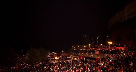 Arsenal Fans Outside Emirates Stadium As Title Rivals Manchester City Play AFC Bournemouth