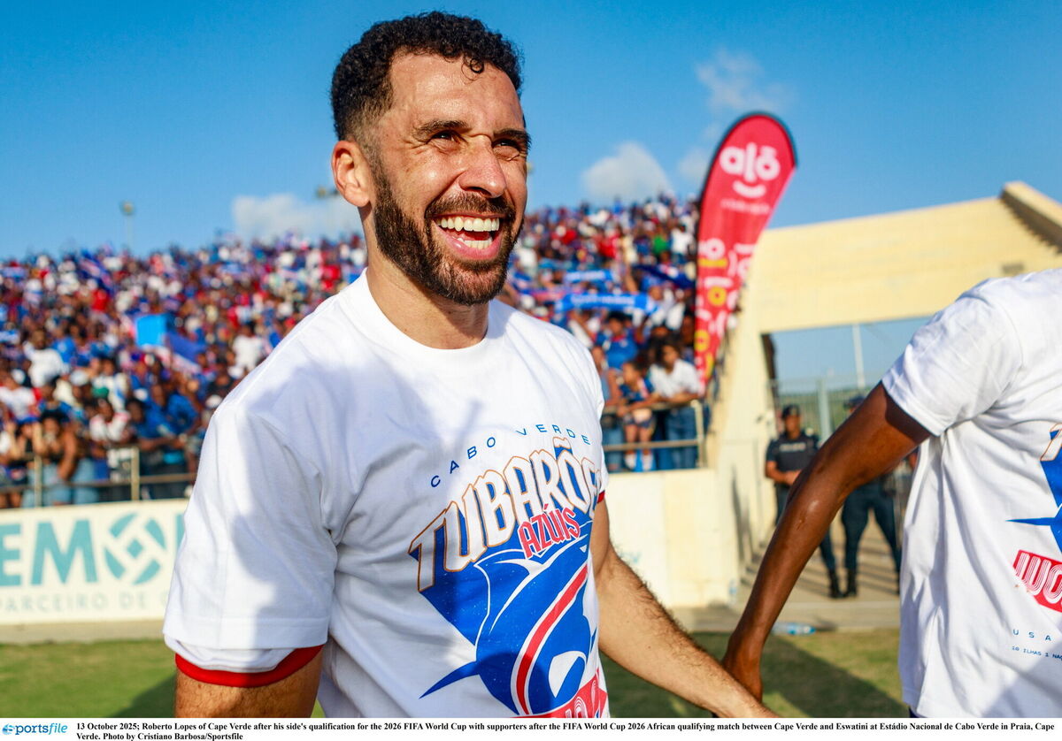 Roberto Lopes of Cape Verde after his side's qualification for the 2026 FIFA World Cup with supporters after the FIFA World Cup 2026 African qualifying match between Cape Verde and Eswatini at Estádio Nacional de Cabo Verde in Praia, Cape Verde. Photo by Cristiano Barbosa/Sportsfile