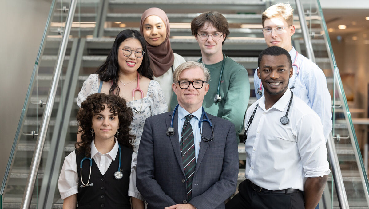 Colin Doherty, head of Trinity’s school of medicine, centre front, with young doctors from Trinity College Dublin at the university’s traditional Stethoscope Ceremony for third year students. Students from left to right: Merve Saharan, Natalie Uhi Kei Ung, Sofia Aisya, Eoin O’Kelly, Sean Onovo, and Jqu Kycia. Colin Doherty, head of Trinity’s school of medicine, centre front, with young doctors from Trinity College Dublin at the university’s traditional Stethoscope Ceremony for third year students. Students from left to right: Merve Saharan, Natalie Uhi Kei Ung, Sofia Aisya, Eoin O’Kelly, Sean Onovo, and Jqu Kycia.