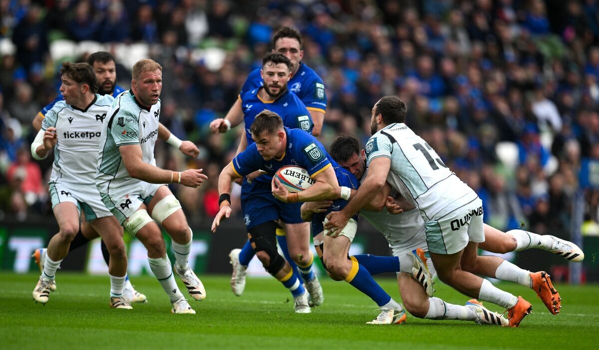 Garry Ringrose is tackled by Owen Watkin and Evardi Boshoff of Ospreys. Pic: Brendan Moran/Sportsfile Garry Ringrose is tackled by Owen Watkin and Evardi Boshoff of Ospreys. Pic: Brendan Moran/Sportsfile