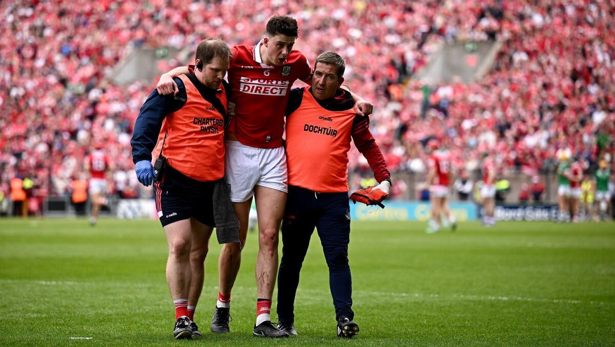 Robert Downey went of injured during Cork's Muntser SHC victory over Limerick. Pic: Seb Daly/Sportsfile Robert Downey went of injured during Cork's Muntser SHC victory over Limerick. Pic: Seb Daly/Sportsfile