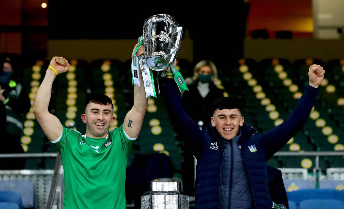 Limerick’s Aaron Gillane and Jason Gillane lift the Liam MacCarthy Cup in 2020. Pic: ©INPHO/Ryan Byrne Limerick’s Aaron Gillane and Jason Gillane lift the Liam MacCarthy Cup in 2020. Pic: ©INPHO/Ryan Byrne