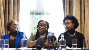 <p>(L–R) Lisette Lubungh (representing the Congolese community), Cllr. Semi Adenug (Spokesperson for Black Coalition Ireland), and Dr Mamobo Ogoro (CEO, GORM) speaking at Buswells Hotel about the death of Yves Sakila. Picture: Sam Boal/Collins Photos</p> <p>(L–R) Lisette Lubungh (representing the Congolese community), Cllr. Semi Adenug (Spokesperson for Black Coalition Ireland), and Dr Mamobo Ogoro (CEO, GORM) speaking at Buswells Hotel about the death of Yves Sakila. Picture: Sam Boal/Collins Photos</p>