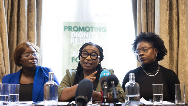 <p>(L–R) Lisette Lubungh (representing the Congolese community), Cllr. Semi Adenug (Spokesperson for Black Coalition Ireland), and Dr Mamobo Ogoro (CEO, GORM) speaking at Buswells Hotel about the death of Yves Sakila. Picture: Sam Boal/Collins Photos</p>