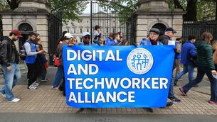 <p>Covalen workers protesting outside Leinster House. Photograph: Sasko Lazarov / © RollingNews.ie</p> <p>Covalen workers protesting outside Leinster House. Photograph: Sasko Lazarov / © RollingNews.ie</p>