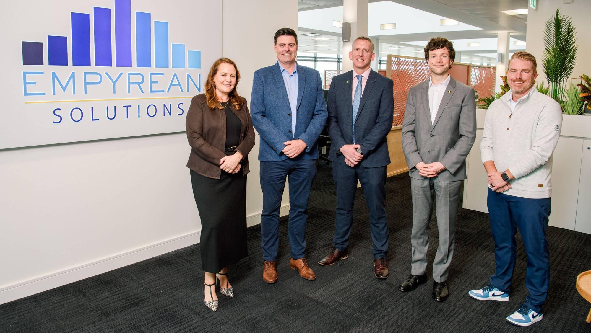 Empyrean Solutions announced its new R&D Project headquarters in Cork City on Thursday. At the announcement were Maeve McConnon, Head of International Financial Services, IDA Ireland, Paul Leahy, Managing Director, Empyrean Solutions, Patrick Doyle and Sean McWilliams, IDA Ireland with Brandon Meeks, Chief Technology Officer, Empyrean Solutions. Picture Daragh Mc Sweeney/Provision