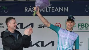 <p>Lee Martin presents the Irish Independent King of the Hills leaders jersey to Ireland’s Liam Crowley Photo: Lorraine O'Sullivan </p> <p>Lee Martin presents the Irish Independent King of the Hills leaders jersey to Ireland’s Liam Crowley Photo: Lorraine O'Sullivan </p>