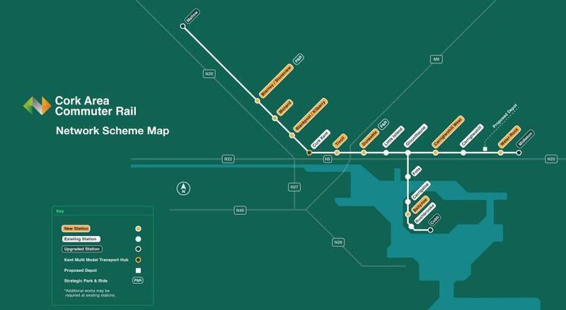The proposed stations for the Cork area commuter rail network. 