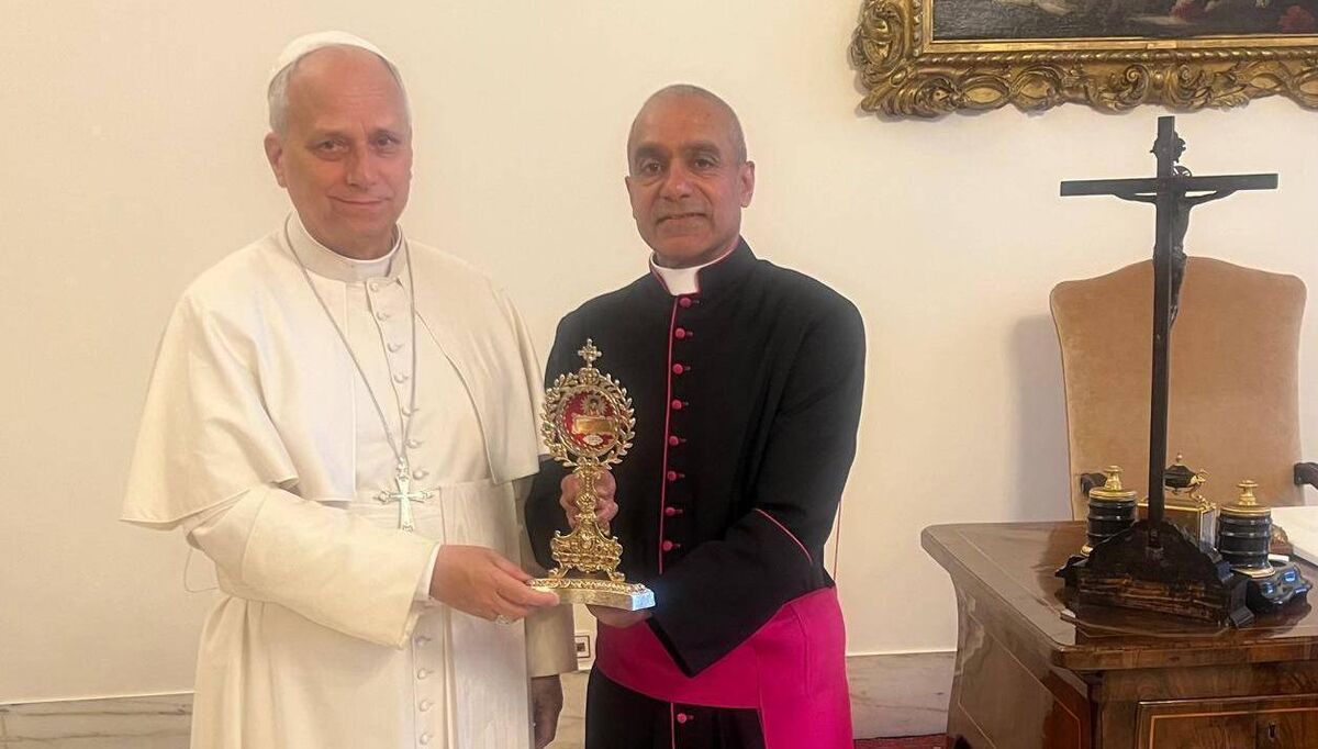 Pope Leo and Monsignor Anthony Figueiredo, who was appointed the custodian of Acutis’ relics and is based in the Diocese of Assisi.