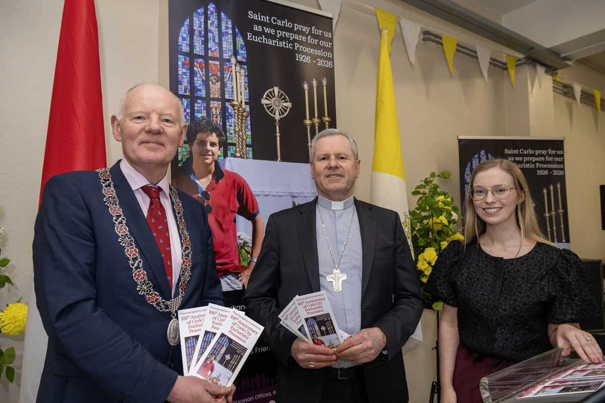 A series of events to mark the centenary of Cork’s Eucharistic Procession were launched by Bishop Fintan Gavin; Fianna Fáil councillor John Sheehan, deputising for the Lord Mayor of Cork; and Sheila Kelleher, co-ordinator of Youth Ministry at the Cathedral of St. Mary and St. Anne — the North Cathedral in the city. The relics of Saint Carlo Acutis — the first millennial saint — will visit the Diocese of Cork and Ross as part of the preparations for the 100th anniversary of the Eucharistic Procession on Sunday, June 7. Picture: Brian Lougheed